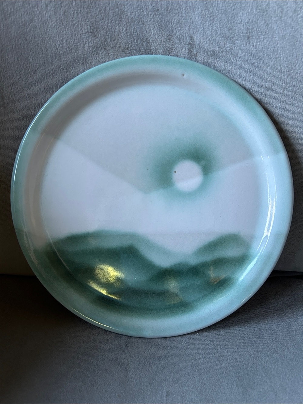 Vintage Studio Art Pottery Hand Painted Green Mountain Landscape Signed Plate